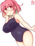  1girl ahoge artist_logo blue_swimsuit bob_cut breasts commentary_request competition_school_swimsuit covered_navel cowboy_shot dated green_hair kanon_(kurogane_knights) kantai_collection large_breasts multicolored_hair one-hour_drawing_challenge pink-framed_eyewear pink_hair ponytail red_eyes school_swimsuit short_hair simple_background solo streaked_hair swimsuit ume_(kancolle) white_background 