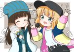  2girls :d ^_^ arm_up bangs beamed_eighth_notes beamed_sixteenth_notes black_headwear black_shorts blonde_hair blue_headwear blush brown_hair chibi closed_eyes closed_mouth cloud collarbone commentary_request cosplay eighth_note facing_viewer flat_cap gochuumon_wa_usagi_desu_ka? green_eyes grey_background hand_up hands_up hat holding holding_microphone jacket japanese_clothes kimono kirima_syaro long_hair long_sleeves looking_at_viewer microphone mitya multicolored_clothes multicolored_jacket multiple_girls musical_note obi open_clothes open_jacket paripi_koumei piano_keys puffy_long_sleeves puffy_sleeves quarter_note sash shirt short_shorts shorts smile tsukimi_eiko tsukimi_eiko_(cosplay) twitter_username two-tone_background ujimatsu_chiya very_long_hair white_background white_kimono white_shirt wide_sleeves yin_yang zhuge_kongming_(paripi_koumei) zhuge_kongming_(paripi_koumei)_(cosplay) 