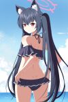  1girl adjusting_clothes adjusting_swimsuit animal_ears ass bangs bare_back bare_shoulders black_hair blue_archive blue_sky blurry bow cat_ears cat_girl cloud cloudy_sky commentary_request depth_of_field from_behind hair_between_eyes hair_bow hair_ribbon halo highres horizon long_hair looking_at_viewer looking_back midriff ocean official_alternate_costume red_eyes reia_76 ribbon serika_(blue_archive) serika_(swimsuit)_(blue_archive) shoulder_blades sidelocks sky solo swimsuit twintails 