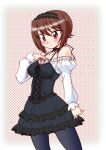  1girl alternate_costume bare_shoulders black_choker black_dress black_hairband blush breasts brown_eyes brown_hair choker corset dress frilled_hairband frilled_shirt_collar frilled_sleeves frills girls_und_panzer gothic_lolita hairband hand_on_own_chest lolita_fashion nishizumi_maho off-shoulder_shirt off_shoulder oota_minoru shirt shirt_under_dress short_hair white_shirt 