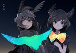  2girls animal_costume bird_girl bird_wings black_dress black_eyes black_hair blue_eyes closed_mouth dress hat kanmoku-san kemono_friends looking_at_viewer multiple_girls night open_mouth ribbon short_hair sky star_(sky) starry_sky superb_bird-of-paradise_(kemono_friends) western_parotia_(kemono_friends) wings 