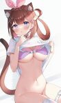  1girl animal_ear_fluff animal_ears ayamy ayamy_(vtuber) blue_eyes bottomless bra breasts brown_hair cat_ears cat_girl cat_tail choker cleavage clothes_lift earrings extra_ears frilled_bra frills hair_ornament hair_ribbon hair_rings hairclip hand_up highres indie_virtual_youtuber jewelry large_breasts lifted_by_self long_hair looking_at_viewer navel parted_lips purple_bra purple_choker ribbon shirt shirt_lift short_sleeves single_thighhigh solo stomach tail tail_raised thigh_strap thighhighs thighs underboob underwear virtual_youtuber white_shirt white_thighhighs x_hair_ornament 