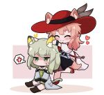  2girls ^_^ anger_vein animal_ear_fluff animal_ears arknights black_dress blush cat_ears cat_girl cat_tail closed_eyes closed_mouth colored_shadow commission dress ears_through_headwear green_dress green_eyes grey_hair grey_jacket heart heidi_(arknights) jacket kal&#039;tsit_(arknights) kurotofu long_hair long_sleeves multiple_girls notice_lines off-shoulder_jacket off_shoulder pink_background pink_hair puffy_long_sleeves puffy_sleeves red_footwear red_headwear shaded_face shadow shoes short_eyebrows sitting sleeves_past_wrists socks standing standing_on_one_leg tail thick_eyebrows two-tone_background white_background 