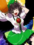  1girl absurdres afro alternate_hairstyle arm_cannon arms_up bangs bird_wings black_socks black_wings bow breasts brown_eyes brown_hair buttons cape collared_shirt commentary_request control_rod curly_hair feet_out_of_frame frilled_shirt_collar frilled_skirt frills furukawa_(yomawari) green_bow green_skirt hair_bow highres kneehighs looking_at_viewer medium_breasts one_eye_closed open_mouth puffy_short_sleeves puffy_sleeves reiuji_utsuho shirt short_hair short_sleeves skirt smile socks solo_focus starry_sky_print third_eye touhou weapon white_cape white_shirt wings 