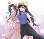  2girls aerith_gainsborough arm_hug black_hair black_skirt bracelet braid braided_ponytail breasts brown_hair candy casual chocobo cowboy_shot dress earrings final_fantasy final_fantasy_vii final_fantasy_vii_remake food green_eyes hair_ribbon hat highres holding holding_another&#039;s_arm holding_candy holding_food holding_lollipop jewelry kt9_ct lollipop long_hair long_skirt looking_at_another low-tied_long_hair moogle multiple_girls open_mouth pink_dress pink_ribbon red_eyes ribbon skirt tifa_lockhart 