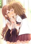  2girls blush brown_eyes brown_hair curtains day eye_contact french_kiss hair_ornament hairclip highres holding_hands incest indoors interlocked_fingers kiss light_brown_hair long_hair looking_at_another medium_hair multiple_girls nanamori_school_uniform oomuro_hanako oomuro_sakurako picture_frame school_uniform siblings sisters skirt sunlight suspenders tachi_(gutsutoma) tongue very_long_hair yuri yuru_yuri 