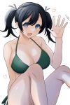  1girl bare_arms bare_legs bare_shoulders bikini blue_eyes blue_hair blush breasts cleavage collarbone feet_out_of_frame green_bikini hair_between_eyes heart highres kantai_collection large_breasts long_hair motion_lines open_mouth simple_background smile solo souryuu_(kancolle) swimsuit toriniku_senshi_chikinman white_background 