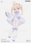  1girl ahoge bag bangs blonde_hair blue_eyes blue_hairband blue_ribbon boots bunny_hair_ornament clothes_iron coat daizu_(melon-lemon) dated english_text footwear_ribbon full_body hair_between_eyes hair_bobbles hair_ornament hairband hand_up handbag heart-shaped_bag holding holster knee_boots long_hair long_sleeves looking_at_viewer mixed-language_text neck_ribbon no_nose old_school_swimsuit open_clothes open_coat original parted_lips pom_pom_(clothes) ribbon school_swimsuit shoes shoulder_bag sidelocks sign simple_background solo standing sugar_cube swimsuit swimsuit_under_clothes thigh_holster thigh_strap thighs translated twintails uwabaki warning_sign white_background white_coat white_footwear white_swimsuit wide_sleeves 