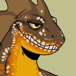  ambiguous_gender brown_body brown_frill bust_portrait frill_(anatomy) glistening glistening_eyes green_background grin imperatorcaesar low_res narrowed_eyes neck_frill orange_body portrait scalie simple_background smile solo spots spotted_body yellow_eyes 