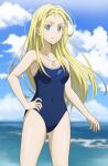  1girl blonde_hair blue_eyes blue_sky blue_swimsuit breasts cloud commentary_request competition_school_swimsuit cowboy_shot day forehead horizon kofune_ushio long_hair looking_at_viewer ocean onomekaman outdoors school_swimsuit sky small_breasts solo standing summertime_render swimsuit very_long_hair 