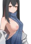  1girl arknights black_hair blue_swimsuit blush breasts hair_between_eyes jacket large_breasts leiroken looking_at_viewer meme_attire nipples off-shoulder_jacket off_shoulder one_breast_out open_clothes open_jacket orange_eyes ribbed_sweater simple_background solo sweater swimsuit texas_(arknights) turtleneck turtleneck_sweater upper_body virgin_killer_sweater white_background white_jacket 