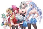  5girls :p adapted_costume animal_ear_fluff animal_ears another_eidos-r arm_under_breasts arm_up armpits bangs bare_shoulders black_bow blonde_hair blue_bow blue_hair blue_hairband blunt_bangs blush bow braid breastless_clothes breasts carrot_pasties cat_ears checkered_clothes choker closed_mouth collarbone commentary cowboy_shot cross_pasties dark-skinned_female dark_skin detached_collar detached_sleeves dress drill_hair ear_ribbon elbow_gloves elf embarrassed extra_ears flat_chest furrowed_brow fuyouchu gloves green_eyes green_hair grey_hair hair_bow hair_ornament hairband hand_on_hip heart_pasties heterochromia high-waist_skirt high_ponytail highres holding holding_pom_poms hololive hololive_fantasy houshou_marine large_breasts long_hair looking_away low_twintails medium_breasts medium_hair multicolored_hair multiple_girls naughty_face open_mouth orange_eyes pantyhose parted_lips pasties pointy_ears pom_pom_(cheerleading) ponytail rabbit_ears red_dress red_eyes red_hair red_skirt seductive_smile shiranui_flare shirogane_noel simple_background single_thighhigh skirt skull_hair_ornament sleeve_cuffs smile standing sweatdrop symbol-only_commentary thighhighs tongue tongue_out topless twintails two-tone_hair uruha_rushia usada_pekora very_long_hair virtual_youtuber white_background white_choker white_dress white_hair white_skirt wind wind_lift wrist_cuffs yellow_eyes 