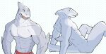  5_fingers 5_toes abs anthro clothed clothing feet fingers fish grey_body hi_res jrjresq looking_at_viewer looking_back looking_back_at_viewer male marine multicolored_body muscular muscular_anthro muscular_male navel nude open_mouth open_smile shark sharp_teeth simple_background smile solo teeth toes two_tone_body white_body 