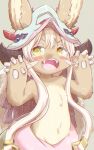  1other :3 androgynous animal_ears bangs blonde_hair blush body_fur brown_background brown_fur claw_pose colored_eyelashes cowboy_shot fake_horns fangs furry hands_up helmet highres horizontal_pupils horned_helmet horns looking_at_viewer made_in_abyss nanachi_(made_in_abyss) open_mouth pants pelt pink_pants piporinton rabbit_ears short_hair_with_long_locks simple_background smile solo standing v-shaped_eyebrows whiskers yellow_eyes 