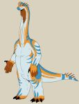  anthro black_claws blue_body blue_tail brown_body brown_spikes claws dinosaur featureless_crotch front_view hi_res horizontal_pupils imperatorcaesar long_neck male markings nude orange_body orange_tail pupils reptile scalie slightly_chubby smile solo spiked_tail spikes spikes_(anatomy) standing striped_arms striped_legs striped_markings striped_tail stripes tail_markings 