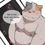  2022 anthro belly big_belly blush bodily_fluids cute_fangs dialogue domestic_cat english_text felid feline felis hi_res kemono male mammal moobs navel nipples overweight overweight_male sweat text whitebeast20 