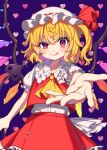  1girl :q blonde_hair crystal e_sdss flandre_scarlet foreshortening hat heart highres laevatein_(touhou) mob_cap one_side_up outstretched_arm purple_background reaching_out red_eyes ribbon short_sleeves skirt solo tongue tongue_out touhou uneven_eyes wings 
