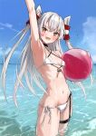  1girl :d amatsukaze_(kancolle) arm_up armpits ball bikini black_choker breasts choker hair_tubes highres holding holding_ball kantai_collection long_hair looking_at_viewer navel ocean partially_submerged side-tie_bikini small_breasts smile solo standing swimsuit takanashi_kei_(hitsujikan) thighs translation_request two_side_up wet white_bikini white_hair 
