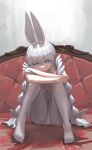  +_+ 1girl :t animal_ears arm_support azur_lane bangs blue_eyes braid commentary couch daiushi fake_animal_ears feet full_body hairband highres jitome knees_up le_malin_(azur_lane) le_malin_(listless_lapin)_(azur_lane) leotard long_hair looking_at_viewer low_twin_braids on_couch pantyhose playboy_bunny pout rabbit_ears sidelocks sitting solo toes twin_braids very_long_hair white_hair white_hairband white_leotard white_pantyhose 