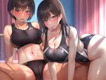  2girls all_fours arm_support bangs bare_legs bed black_buruma black_hair black_sports_bra black_swimsuit blush breasts brown_eyes buruma cameltoe cleavage commentary_request competition_swimsuit condom condom_in_mouth condom_wrapper grey_eyes grin gym_uniform highres infirmary large_breasts long_hair looking_at_viewer mouth_hold multiple_girls navel on_bed one-piece_swimsuit open_mouth original short_hair sitting smile sports_bra spread_legs stomach swimsuit toned yuyu_(yuyuworks) 