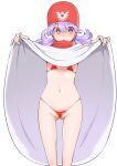  1girl are_(arearee) clothes_lift dragon_quest dragon_quest_ii dress dress_lift flat_chest highres hood long_hair looking_at_viewer navel open_mouth princess_of_moonbrook purple_hair robe simple_background solo swimsuit white_background 
