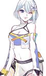  1girl ban_hada bangs black_shorts blue_eyes blue_hair breasts cleavage cleavage_cutout clothing_cutout cropped_jacket english_commentary hair_behind_ear highres jacket looking_at_viewer midriff navel nijisanji nijisanji_kr off-shoulder_jacket off_shoulder official_alternate_costume one_eye_closed s_h_i_e see-through see-through_jacket short_hair shorts sketch skirt smile solo virtual_youtuber white_background white_skirt 