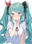  1girl aqua_hair aqua_nails black_bow black_ribbon blush bow flustered hatsune_miku highres ikeuchi_tanuma long_hair looking_at_viewer nail_polish nose_blush ribbon simple_background solo twintails vocaloid white_background 