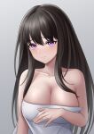  1girl absurdres bangs black_hair breasts cleavage closed_mouth constantine-xii grey_background hair_between_eyes hand_on_own_chest highres inoue_takina large_breasts long_hair looking_at_viewer lycoris_recoil naked_towel purple_eyes shiny shiny_skin simple_background straight_hair towel upper_body very_long_hair 