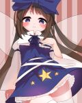  1girl absurdres blue_bow blue_dress blue_eyes blush bow brown_hair closed_mouth cowboy_shot dress fairy fairy_wings hair_bow highres housulu long_hair long_sleeves smile solo star_sapphire striped striped_background thighhighs touhou vertical_stripes white_thighhighs wide_sleeves wings 