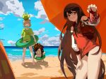  absurdres bare_legs beach beach_umbrella bikini bikini_bottom_only black_hair blonde_hair blue_sky buster_shirt can chinese_commentary closed_mouth cloud commentary_request day fate/grand_order fate_(series) food full_body hat highres innertube jacket ke_zhongxiao_niao long_hair mini_nobu_(fate) ocean oda_nobunaga_(fate) oda_nobunaga_(koha-ace) oda_nobunaga_(swimsuit_berserker)_(fate) oda_uri okita_souji_(fate) okita_souji_(koha-ace) outdoors peaked_cap popsicle popsicle_in_mouth quick_shirt red_eyes red_jacket short_hair sky smile soda_can standing summer sunlight surfboard swimsuit umbrella very_long_hair water yellow_eyes 