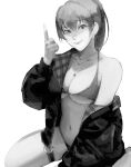  1girl absurdres bikini breasts greyscale heart heart_necklace heterochromia highres hololive hood hoodie houshou_marine jewelry large_breasts micro_bikini monochrome navel necklace off_shoulder pointing pointing_up raised_eyebrow sitting smile solo swimsuit virtual_youtuber wariza xyanaid 