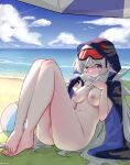  1girl absurdres anus arknights bangs beach beach_umbrella blue_eyes blush breasts chinese_commentary cloud commentary_request feet gaoling_gangqin goggles goggles_on_head grey_hair highres hood long_hair looking_at_viewer medium_breasts mulberry_(arknights) nipples nude ocean pointy_ears pussy smile solo umbrella very_long_hair water 