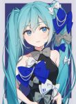  1girl absurdres bare_shoulders blue_background blue_bow blue_hair bow bowtie chromatic_aberration drawing_kanon hair_bow hatsune_miku highres long_hair looking_at_viewer simple_background solo twintails upper_body very_long_hair vocaloid white_bow 