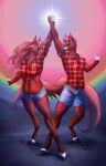  anthro belly bottomwear chubby_anthro chubby_female clothing digital_media_(artwork) duo duo_focus equid equine female group happy hi_res horse male mammal muscular muscular_anthro muscular_male open_mouth patreon patreon_artist poster power rainbow rainstorm_(marefurryfan) reward shirt shorts slightly_chubby smile sunny_way text thick_thighs topwear url 