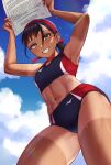  1girl abs absurdres armpits arms_up bangs black_hair headband highres holding holding_paper navel original paper ponytail solo sports_bikini sportswear sweat tan tanlines toin_(koto54576897) yellow_eyes 