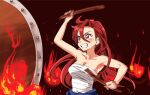  1girl drum fire fujisawa_takashi grin instrument long_hair motion_blur precure purple_eyes red_hair sarashi simple_background smile solo taiko_drum taiko_sticks takizawa_asuka tropical-rouge!_precure 