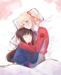  2girls absurdres bed black_hair blonde_hair blush closed_eyes couple happy highres hug inoue_takina long_hair lycoris_recoil medium_hair multiple_girls nishikigi_chisato orange_eyes parted_lips pillow school_uniform sleeping smile under_covers yeahuzen167 yuri 