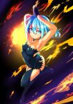  1girl armpits arms_up ass black_gloves blue_eyes blue_hair boots bright_pupils dress fire fujisawa_takashi gloves half_gloves jewelry necklace original panties solo strapless strapless_dress thigh_boots thighhighs underwear white_pupils 
