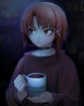  1girl @_@ asymmetrical_hair bangs black_choker brown_eyes brown_hair character_name choker coffee coffee_mug cup dark dark_background frown hair_ornament holding holding_cup iwakura_lain looking_to_the_side mug parted_bangs serial_experiments_lain short_hair sidelocks single_sidelock solo sweater v1v404 x_hair_ornament 