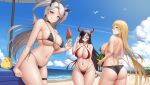  3girls absurdres ass ass_visible_through_thighs azur_lane bare_shoulders beach beach_umbrella bikini bird bismarck_(azur_lane) black_bikini black_hair black_ribbon blonde_hair blue_eyes blue_sky breasts cleavage collarbone earrings food friedrich_der_grosse_(azur_lane) grey_hair hair_ribbon highres holding holding_food horns jewelry large_breasts long_hair looking_at_viewer manjuu_(azur_lane) micro_bikini mole mole_on_breast multiple_girls navel ocean official_alternate_costume outdoors parted_lips popsicle prinz_eugen_(azur_lane) prinz_eugen_(unfading_smile)_(azur_lane) red_bikini red_eyes red_lips ribbon seagull side-tie_bikini sky smile standing string_bikini summer sunglasses sweat swimsuit thigh_gap thigh_strap twintails umbrella very_long_hair watermelon_bar whitter yellow_eyes 