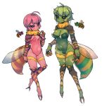  1girl :/ ahoge arthropod_girl bangs bee_girl black_sclera blue_wings breasts brown_eyes character_request claws cleavage closed_mouth colored_sclera colored_skin covered_navel full_body fur_collar green_hair green_leotard green_skin hand_up highres insect_wings leotard low_wings medium_breasts nyong_nyong open_mouth orange_wings personification pink_hair pink_leotard pink_skin purple_eyes raised_eyebrow reference_inset short_hair simple_background small_breasts solo stinger strapless strapless_leotard terraria uneven_eyes white_background wings 