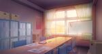  absurdres bookshelf box cardboard_box chair clubroom color_creation curtains highres indoors no_humans original paper scenery sunset table whiteboard window 