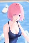  1girl :d bare_arms blue_swimsuit blurry blurry_background breasts cleavage collarbone eyes_visible_through_hair fate/grand_order fate_(series) hair_over_one_eye highres mash_kyrielight medium_breasts medium_hair open_mouth pink_hair purple_eyes school_swimsuit shiny shiny_hair smile solo straight_hair swimsuit upper_body viewran wet wet_hair 