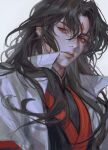  1boy bishounen black_hair closed_mouth facial_mark film_grain forehead_mark grey_background long_hair luo_binghe male_focus red_eyes ren_zhafan_paijizu_xitong simple_background solo upper_body zero_q_0q 