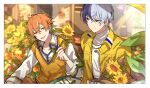  2boys absurdres aoyagi_touya blonde_hair earrings flower flower_earrings grey_eyes grey_hair hgi66r8 highres holding holding_flower jewelry long_sleeves looking_at_another male_focus mole mole_under_eye multicolored_hair multiple_boys necklace orange_hair orange_vest project_sekai purple_hair shinonome_akito short_hair smile streaked_hair sunflower vest yellow_eyes yellow_flower 