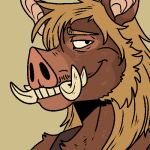  anthro beard blonde_beard blonde_hair brown_body brown_ears brown_fur facial_hair fur hair imperatorcaesar low_res male mammal narrowed_eyes simple_background smile solo suid suina tan_teeth tusks 