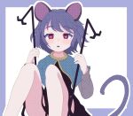 1girl animal_ears blush border dowsing_rod dress feet_out_of_frame haineko_(kuusou_shifuto) knees_up looking_at_viewer mouse_ears nazrin open_mouth polka_dot simple_background solo tail touhou unmoving_pattern white_background 