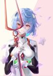  1girl absurdres ayanami_rei bangs blue_hair bodysuit breasts breasts_apart colored_inner_hair grin hair_between_eyes highres holding holding_weapon lance_of_longinus looking_at_viewer medium_breasts multicolored_hair neon_genesis_evangelion petals plugsuit red_eyes shiny shiny_hair short_hair skin_tight smile solo two-tone_hair upper_body voqpzf8xxyn3kbw weapon white_bodysuit 