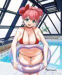  1girl :d alternate_hairstyle ass_visible_through_thighs bang_dream! bangs bikini blurry blurry_background bow breast_rest breasts carried_breast_rest carrying choker cleavage dopamine70 double_bun earrings feet_out_of_frame green_eyes hair_bun hairband halter_top halterneck head_tilt heart heart_choker highres indoors innertube jewelry large_breasts leaning_forward looking_at_viewer lowleg lowleg_bikini micro_bikini open_mouth photo_background pink_hair pool red_bikini red_bow red_choker red_hairband rei_no_pool short_hair side-tie_bikini skindentation smile solo standing swimsuit thigh_gap thighs uehara_himari 