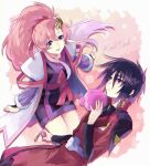  1boy 1girl :d bangs black_hair black_kimono blue_eyes eye_contact gundam gundam_seed gundam_seed_destiny hair_between_eyes hair_ornament haro highres jacket japanese_clothes kimono lacus_clyne long_hair long_sleeves looking_at_another military military_uniform multicolored_hair open_mouth parted_lips pink_hair purple_hair purple_sleeves red_eyes red_jacket shinn_asuka shiny shiny_hair short_hair short_kimono smile two-tone_hair uniform very_long_hair yuuka_seisen 